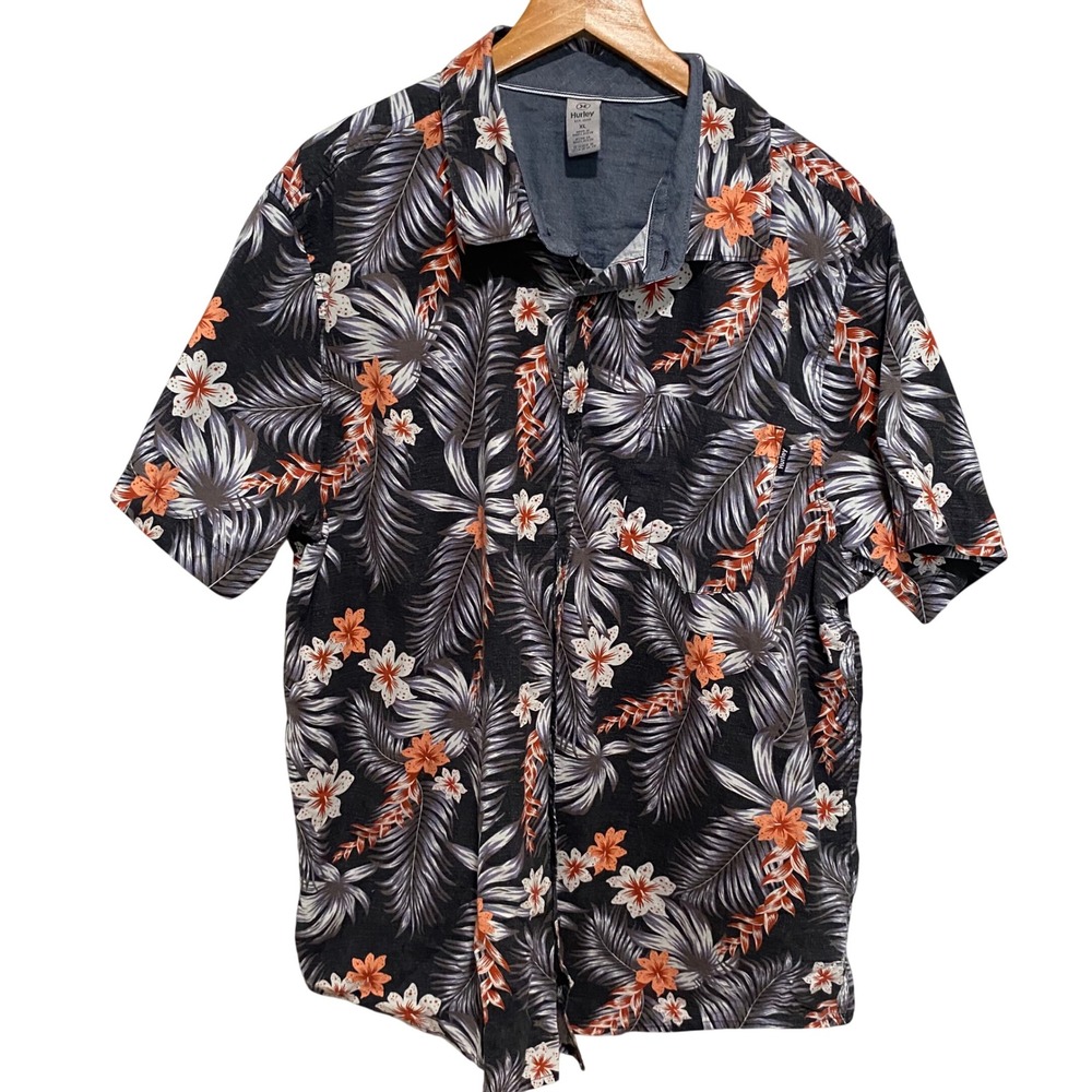 Hurley Mens XL Short Sleeve Button Up Shirt Tropical Floral Palm Black Orange‎